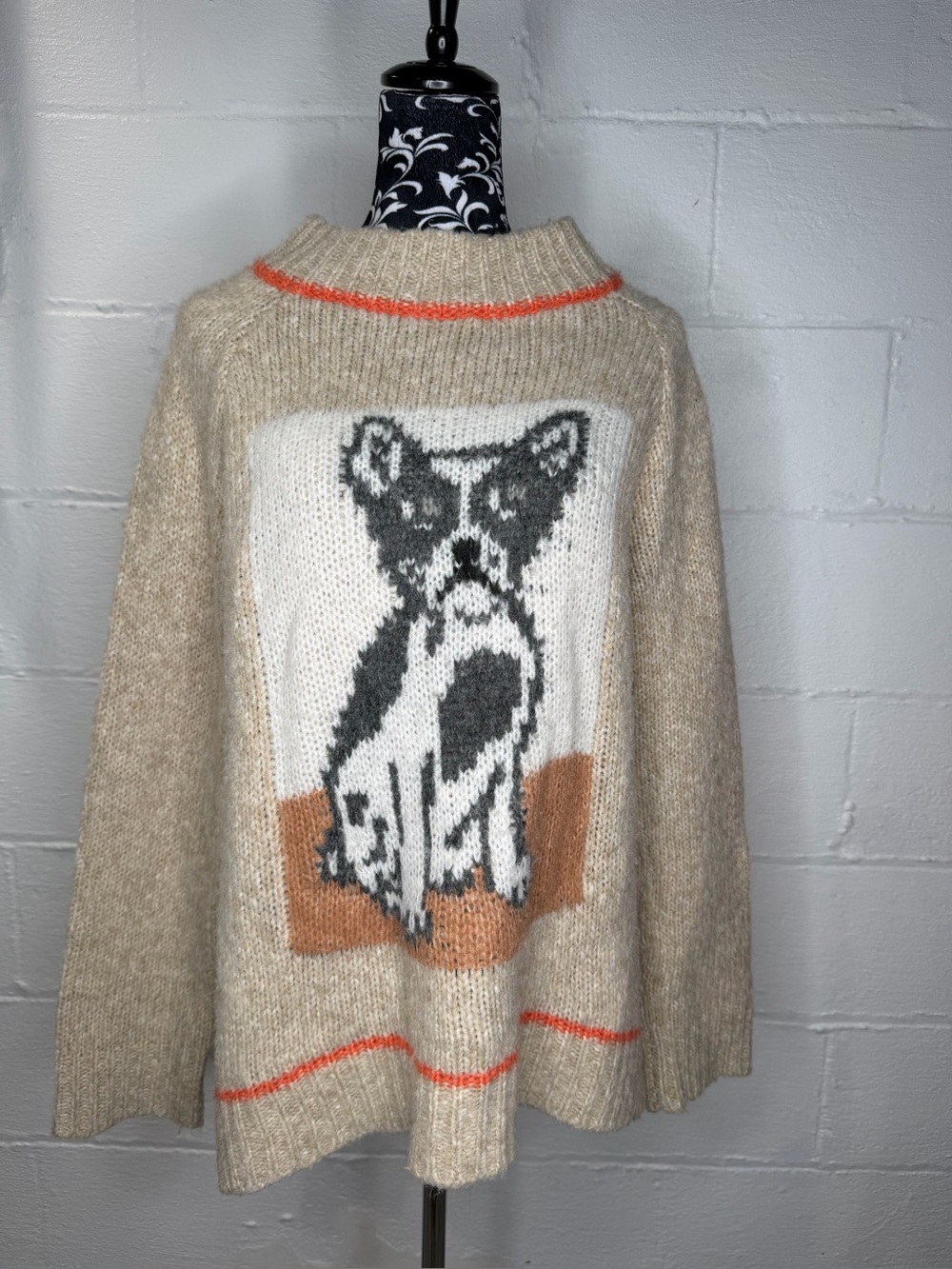 Aerie French Bulldog Intarsia Chunky Knit Mock Neck Sweater Beige Orange Size S